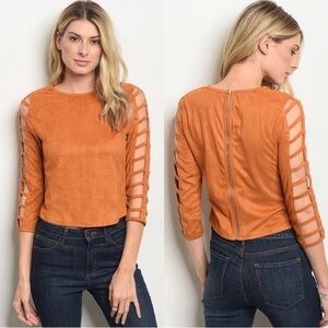 Women's Faux Suede Cut-Out Sleeve Top in Cognac